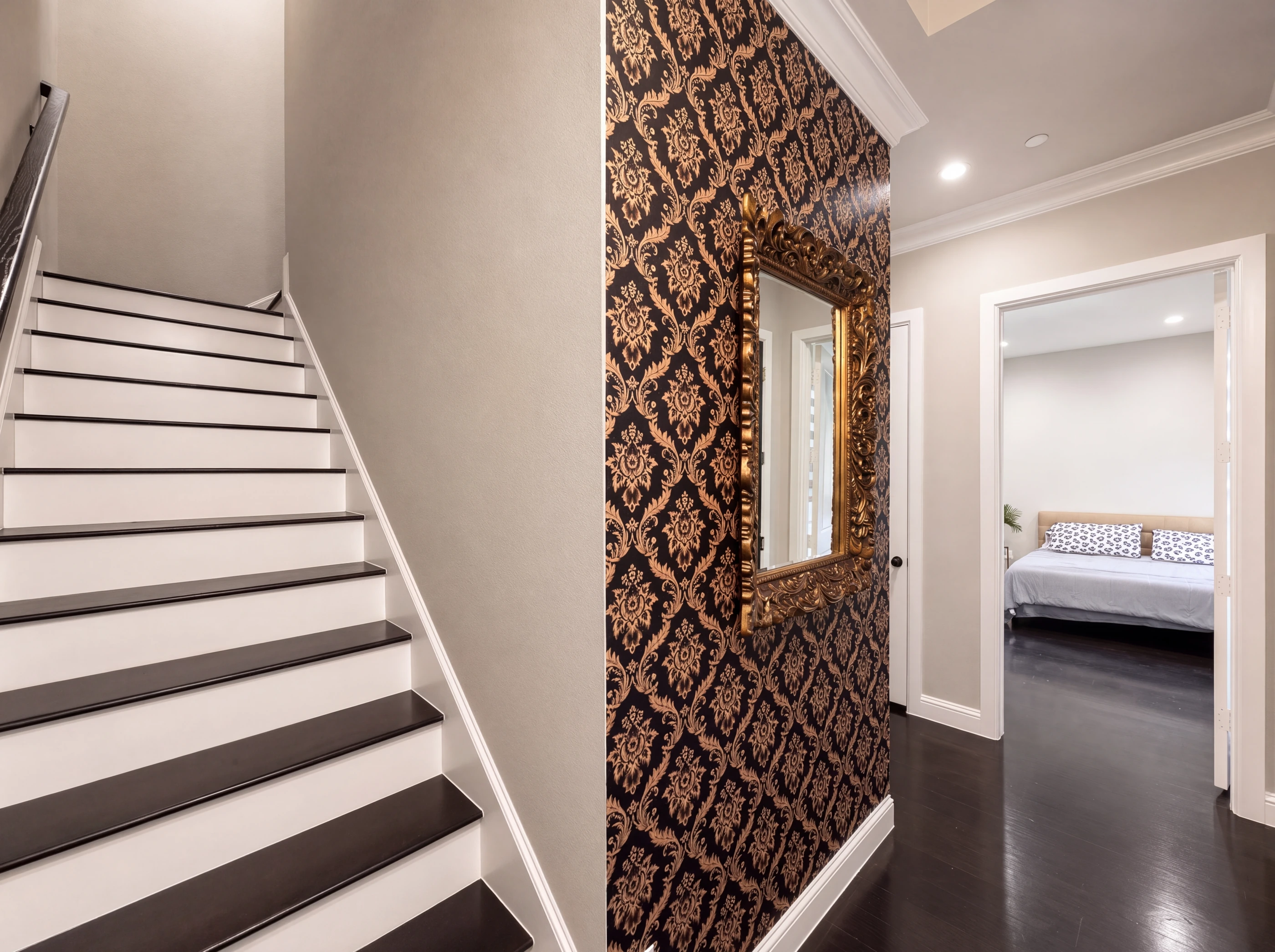 Staircase with white risers and dark treads
