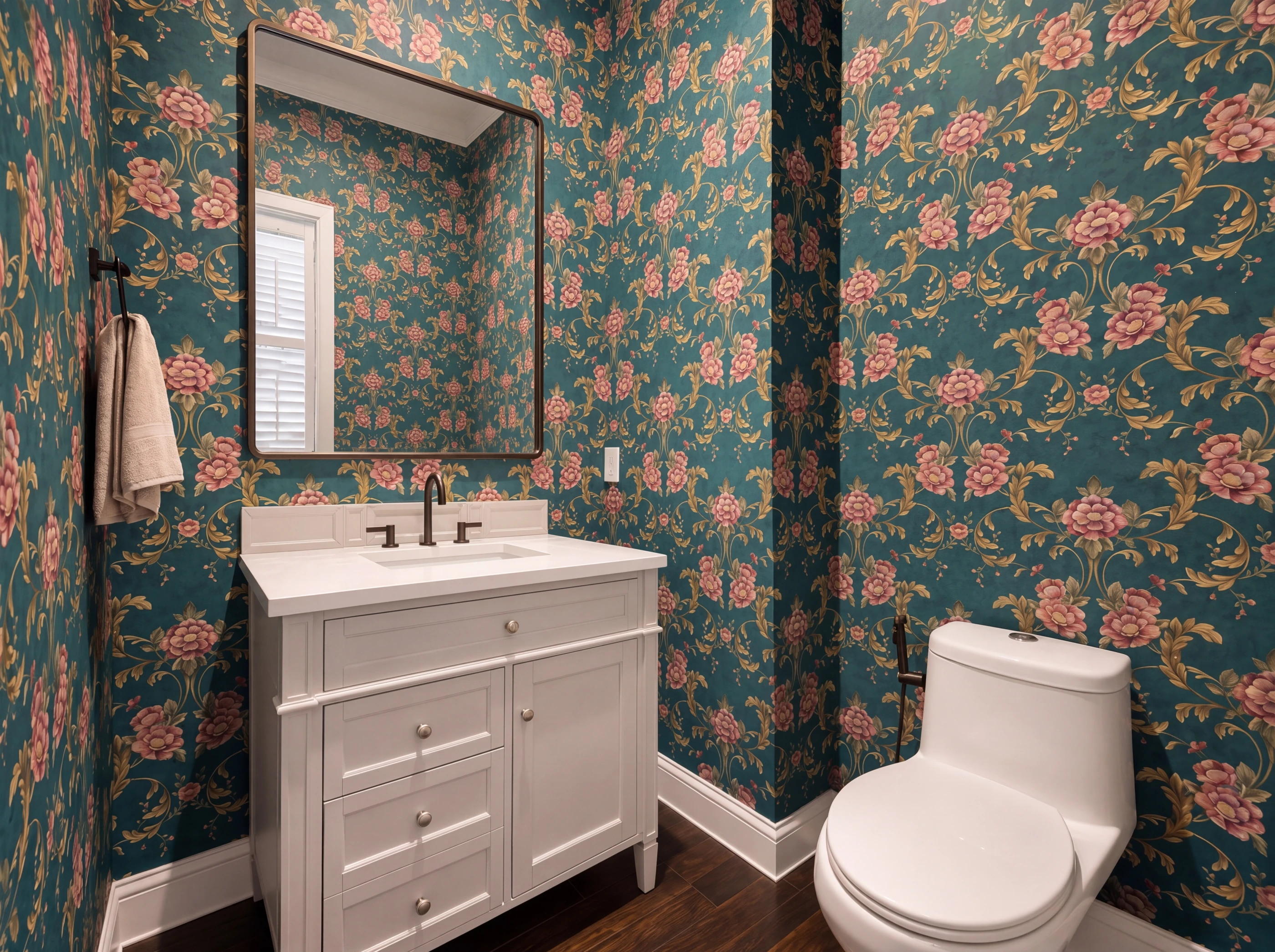 Powder room with floral wallpaper